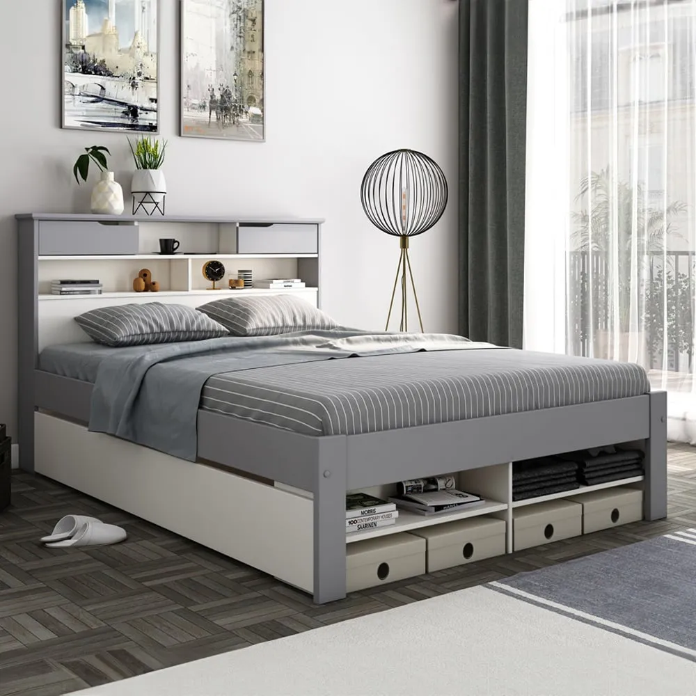Fabio King Size Bed Frame with Storage - Grey, Pine