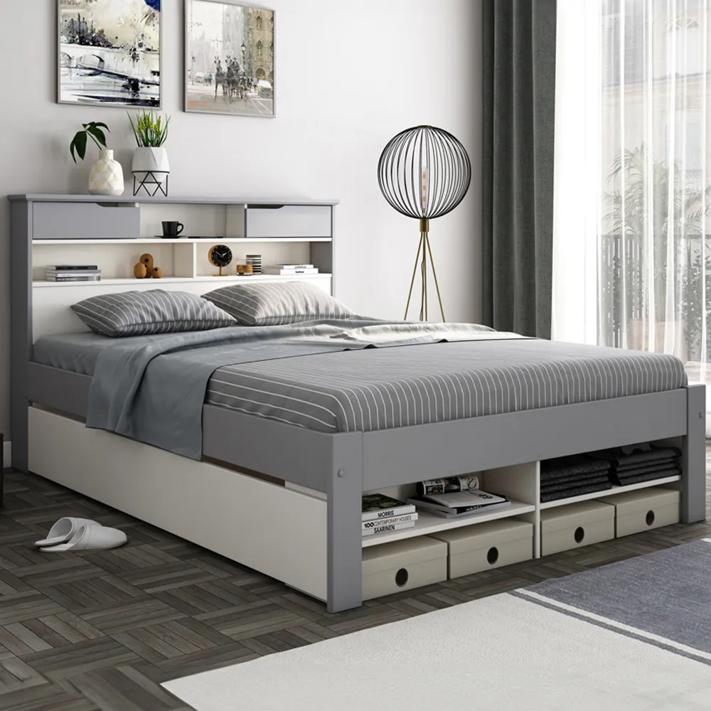 Fabio King Size Bed Frame with Storage - Grey, Pine