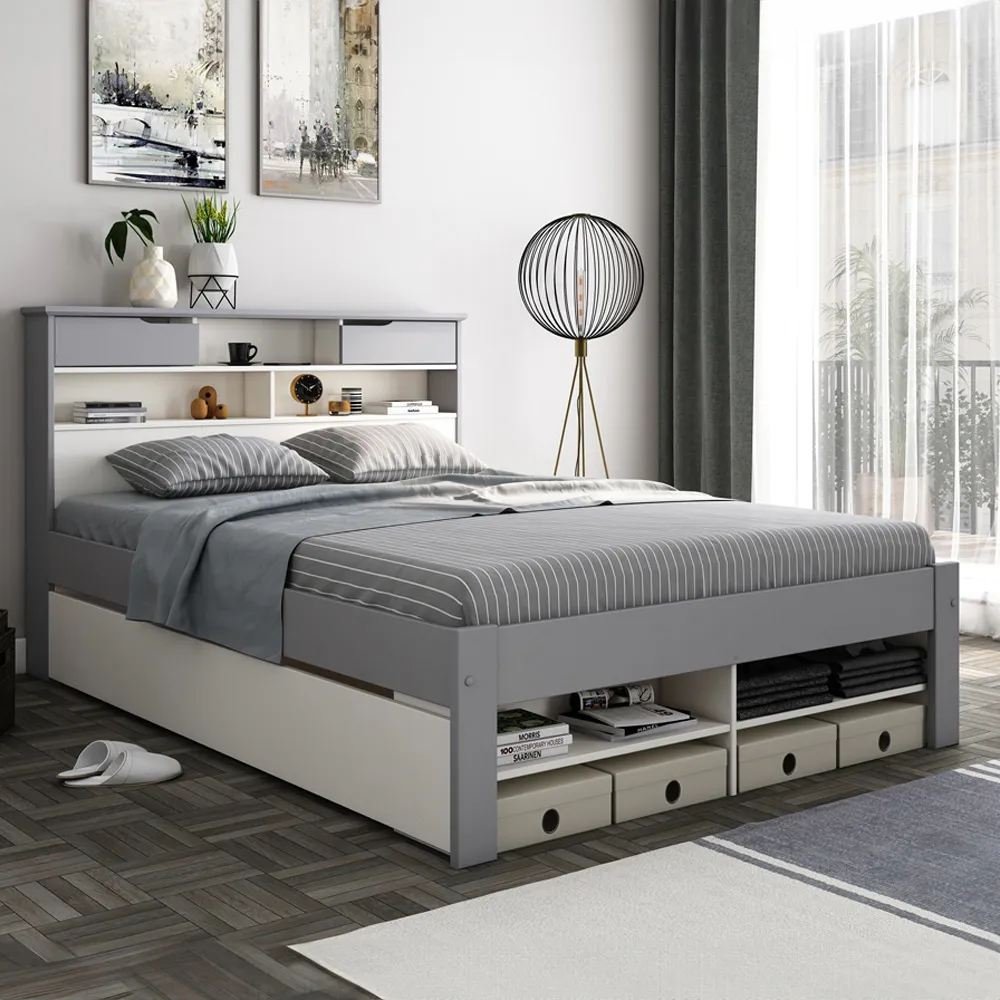 Fabio King Size Bed Frame with Storage - Grey, Wood