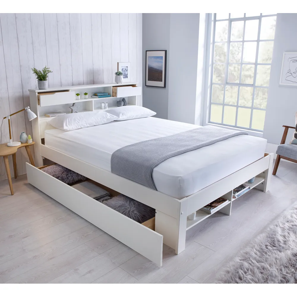 Fabio King Size Storage Bed Frame with 1 Drawer - White, Pine