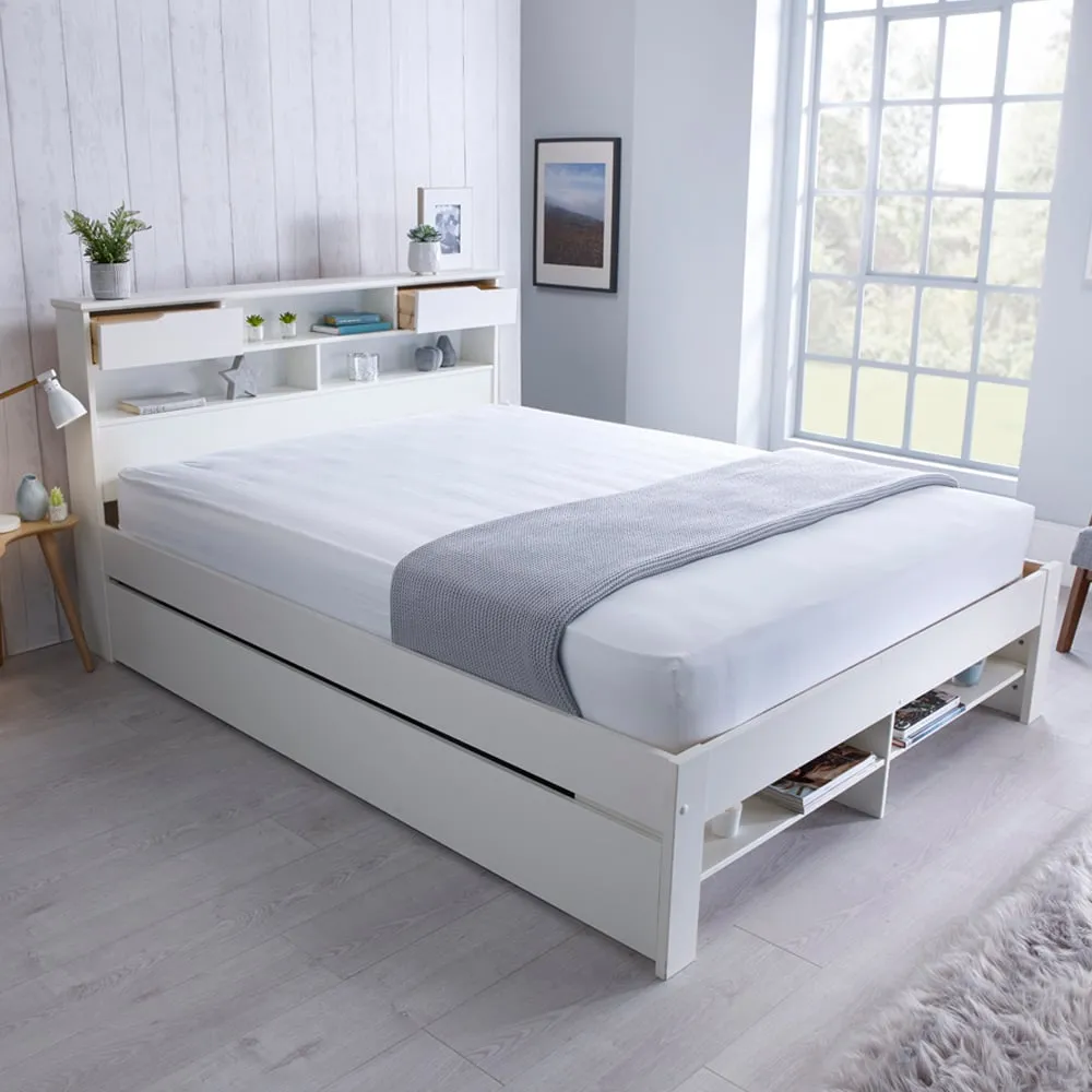 Fabio King Size Storage Bed Frame with 2 Drawers - White, Pine