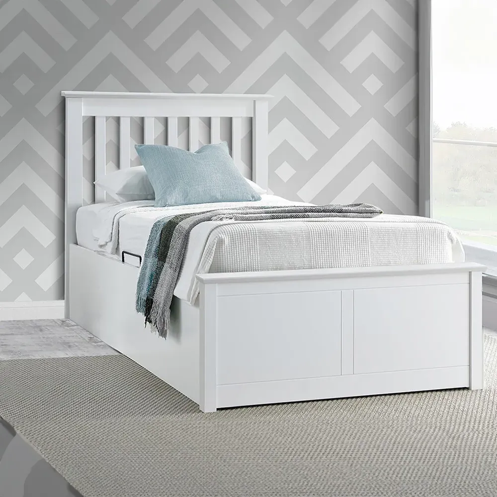 Francis Single Ottoman Bed Frame with Storage - White, Rubberwood