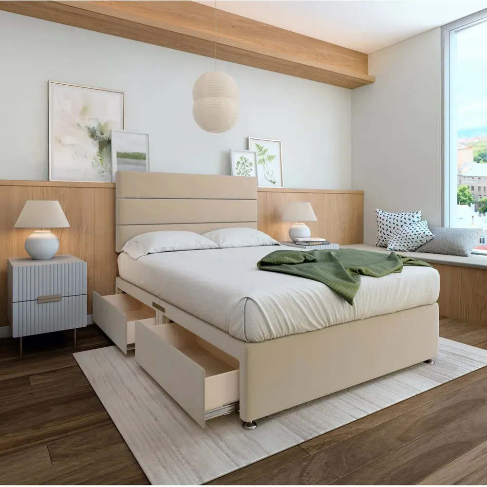 King Size Divan Base with 2 Drawers - Cream, Velvet