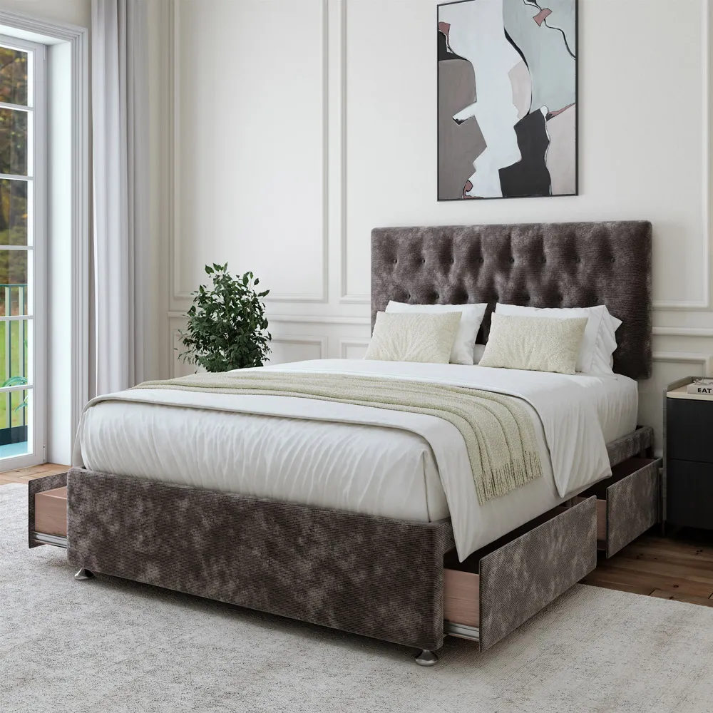 King Size Divan Base with Lona Headboard - Charcoal, Chenille