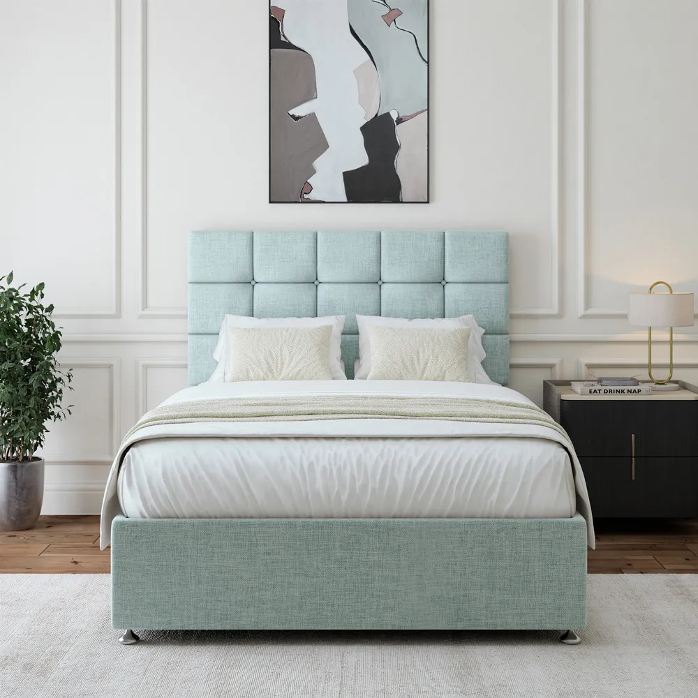 King Size Divan Base with Pearl Headboard - Blue, Linen