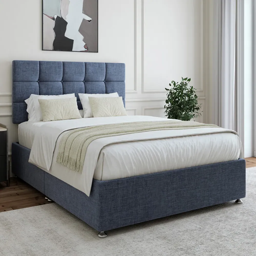 King Size Divan Base with Pearl Headboard - Blue, Linen