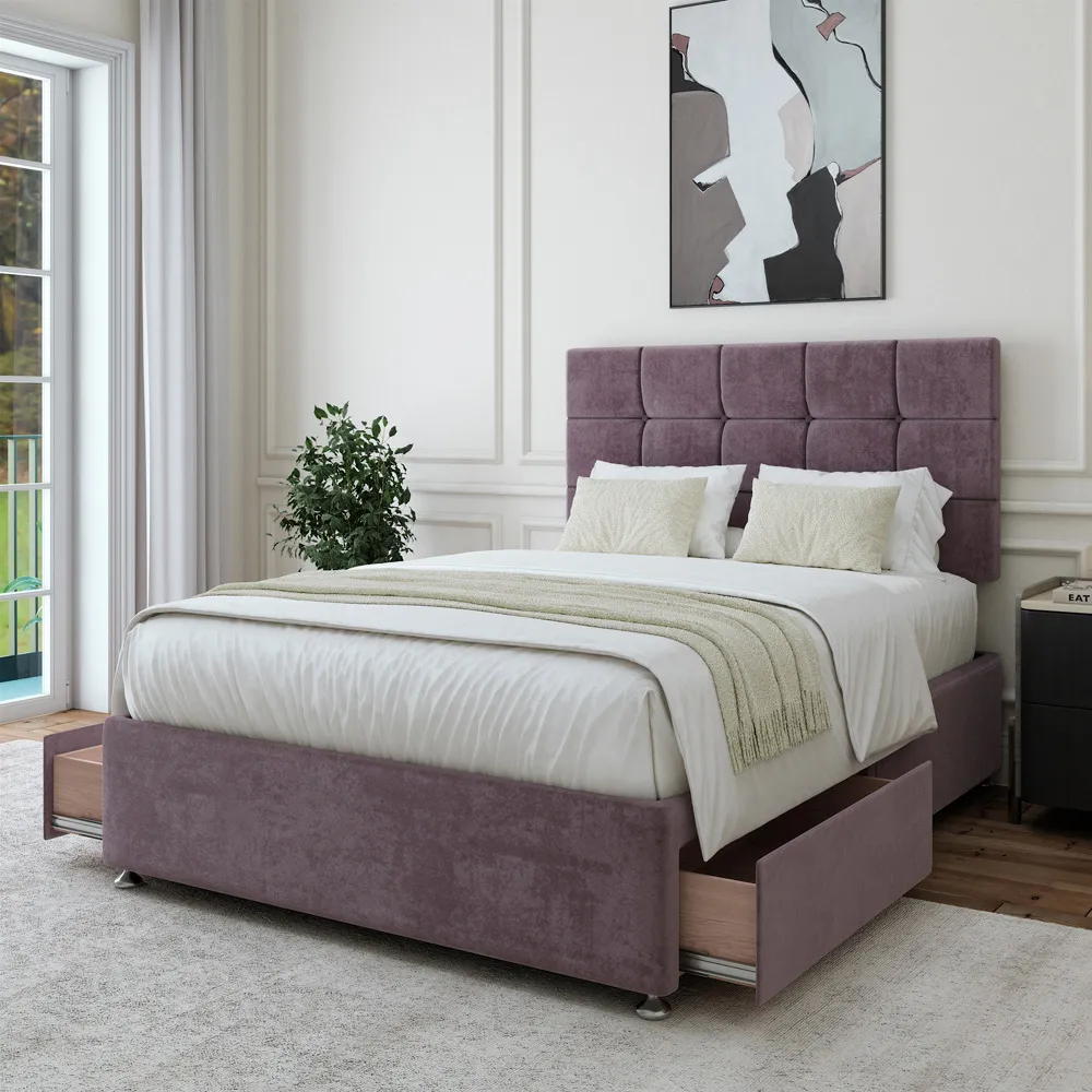 King Size Divan Base with Pearl Headboard - Mauve, Velvet