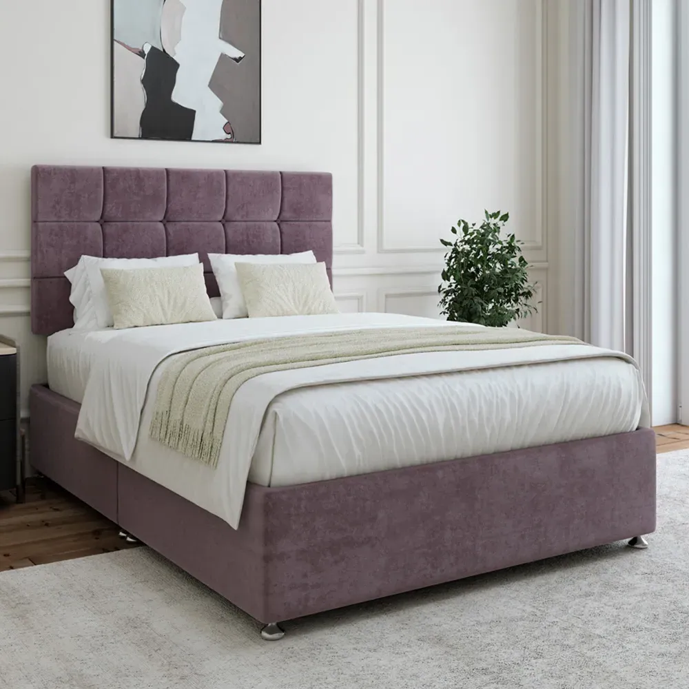 King Size Divan Base with Pearl Headboard - Mauve, Velvet