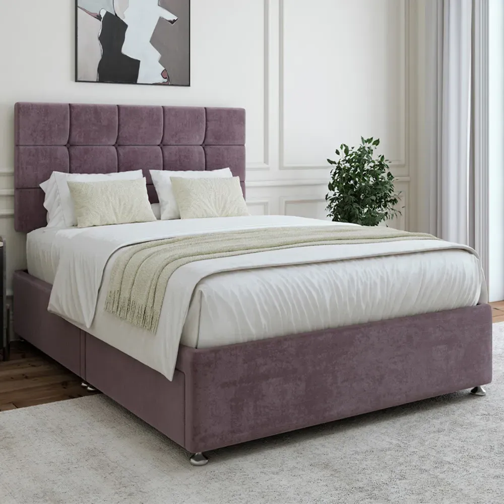 King Size Divan Base with Pearl Headboard - Mauve, Velvet