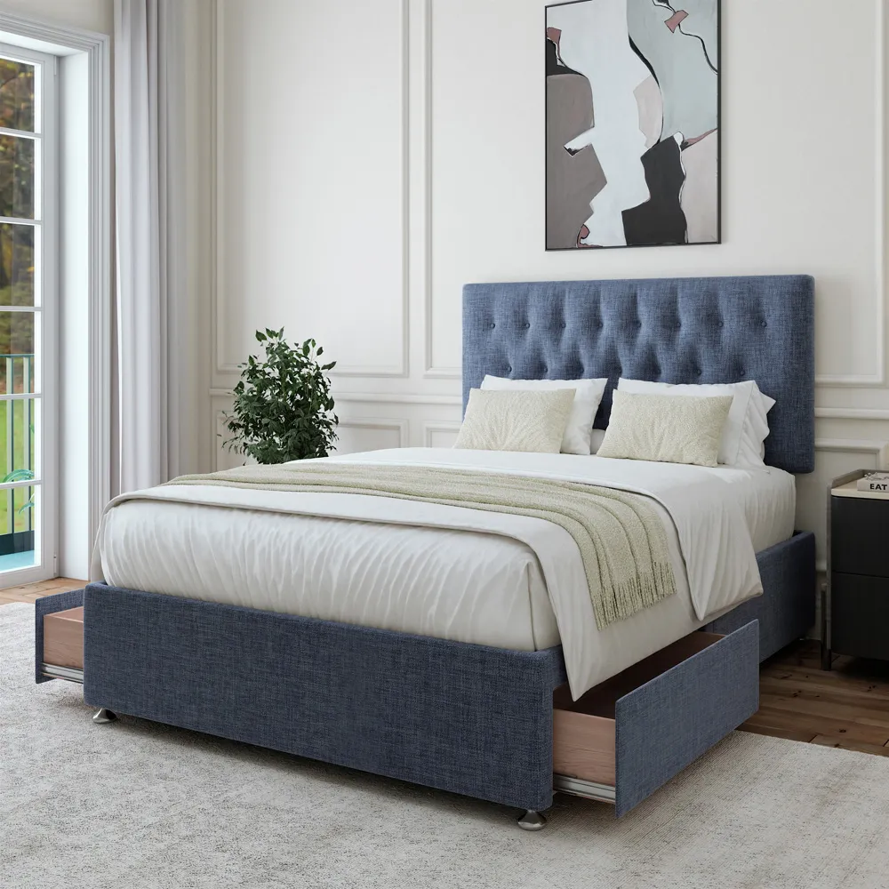 King Size Divan Base with Storage and Lona Headboard - Blue, Linen