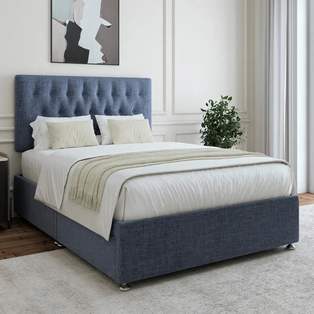 King Size Divan Base with Storage and Lona Headboard - Blue, Linen