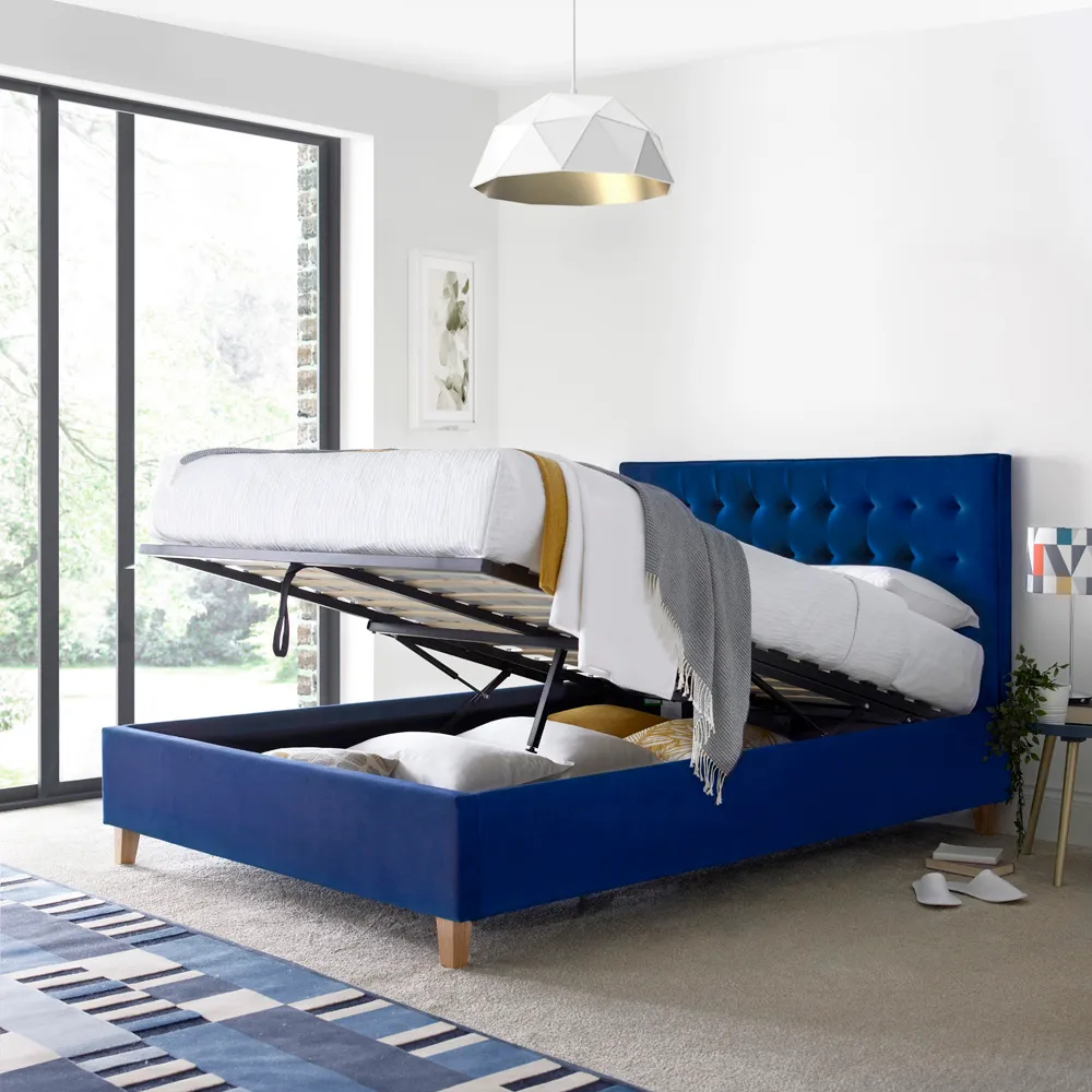 Kingham Double Ottoman Bed with Storage - Blue, Velvet