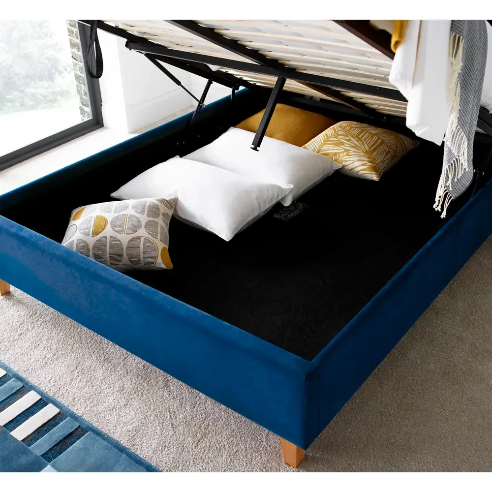 Kingham Double Ottoman Bed with Storage - Blue, Velvet