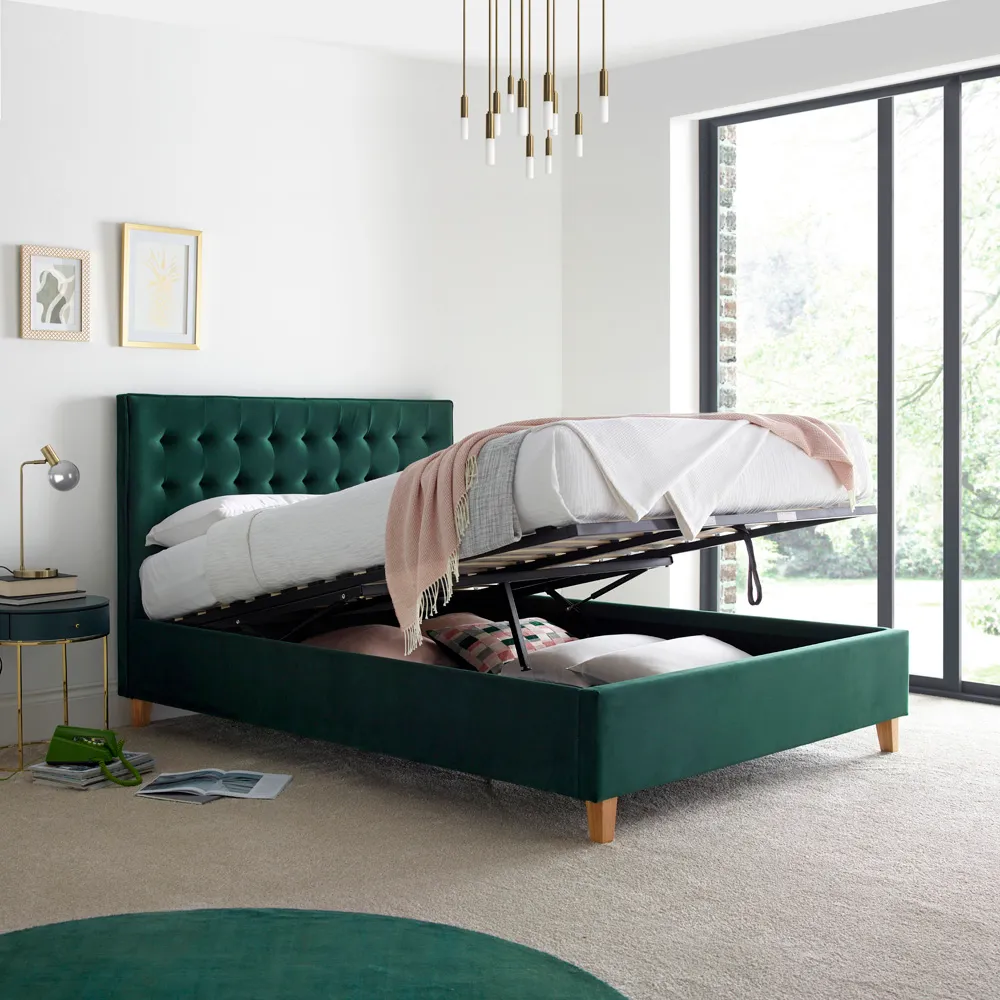 Kingham Double Ottoman Bed with Storage - Green, Velvet