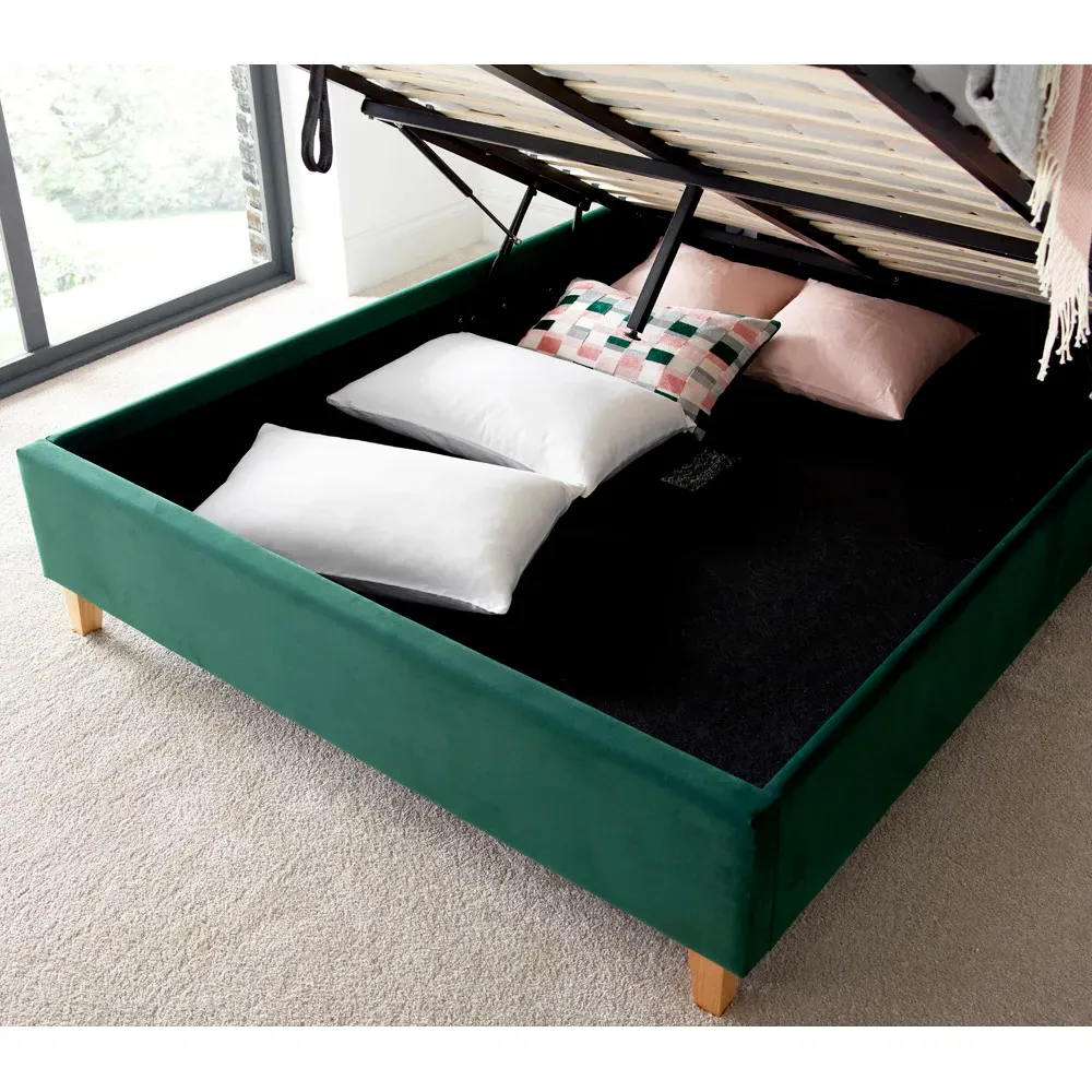 Kingham Double Ottoman Bed with Storage - Green, Velvet