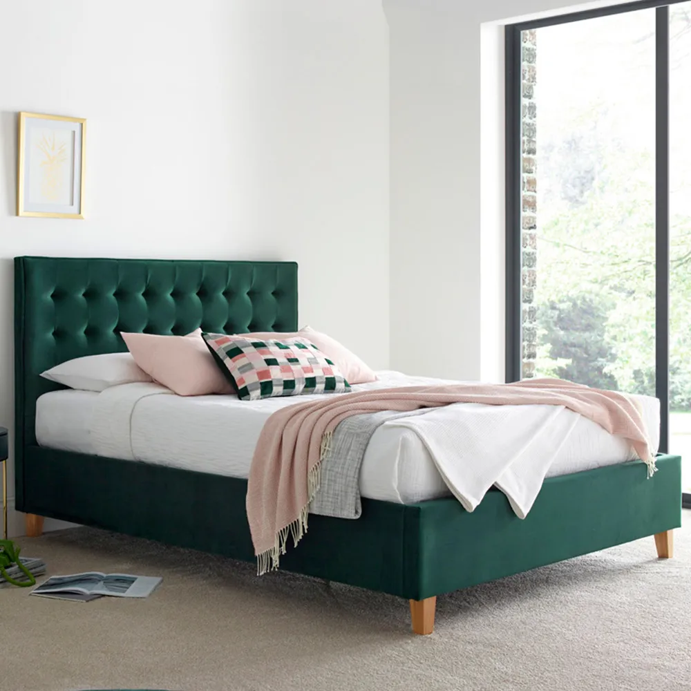 Kingham Double Ottoman Bed with Storage - Green, Velvet