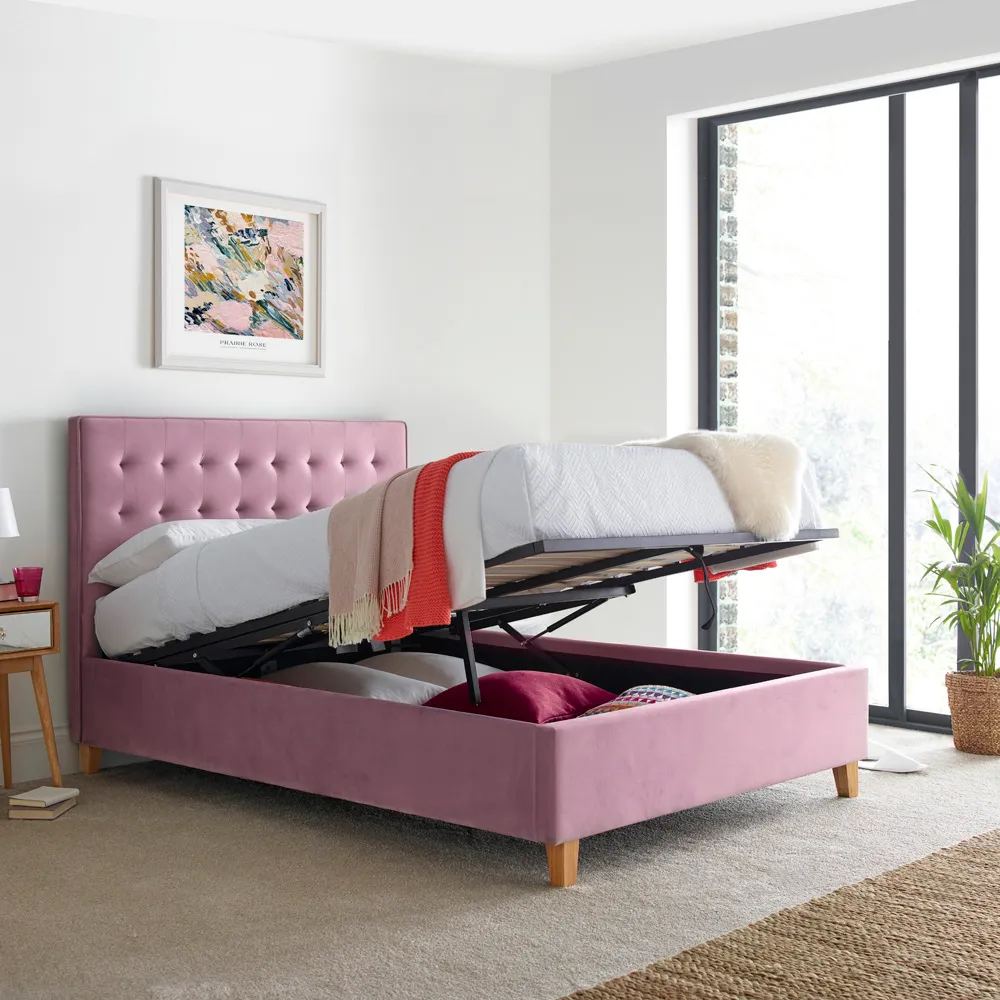 Kingham Double Ottoman Bed with Storage - Pink, Velvet