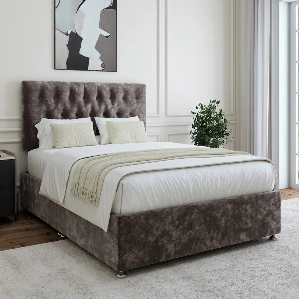 Lona Single Divan Base with Headboard - Grey, Chenille