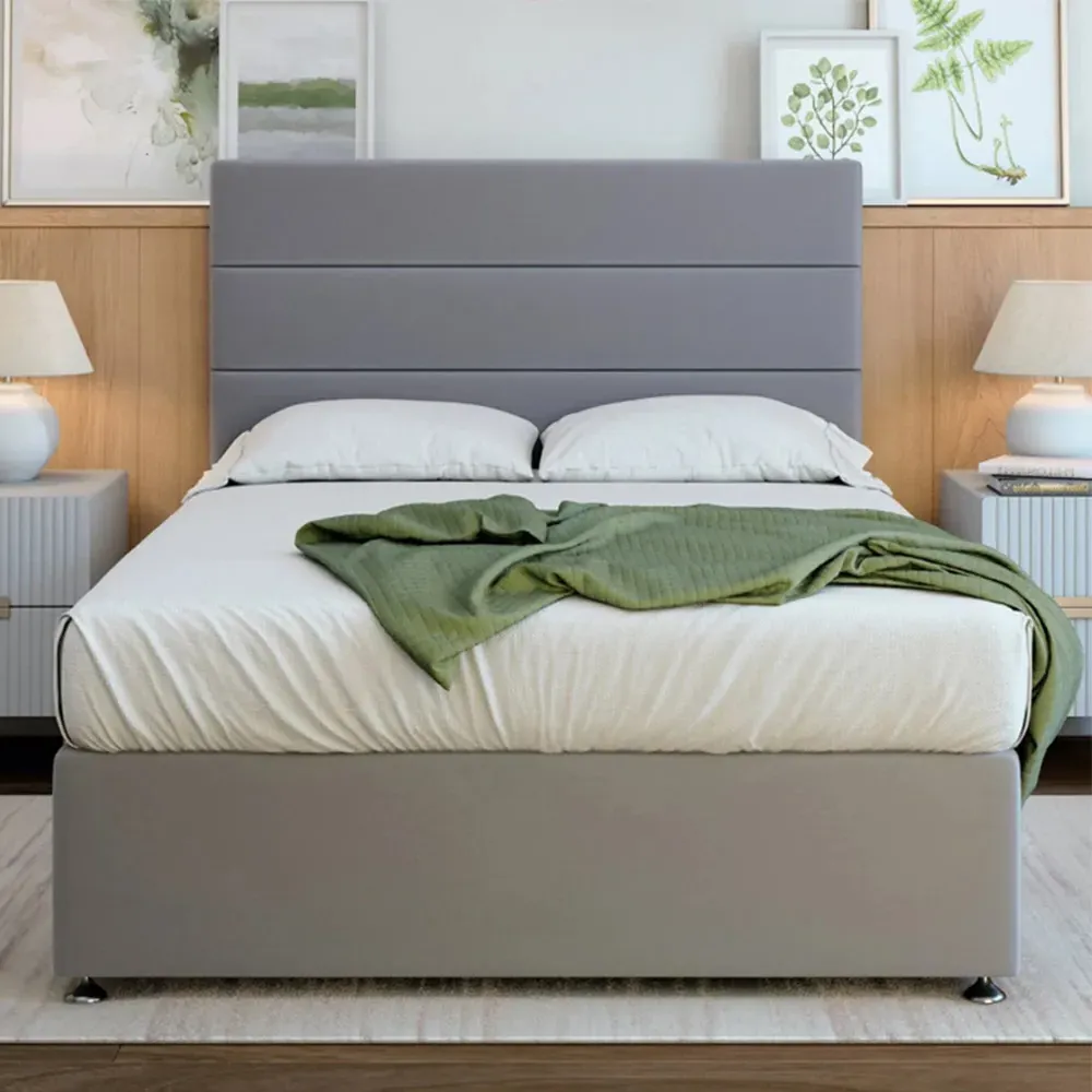 Milan King Size Divan Base with Headboard - Silver, Velvet