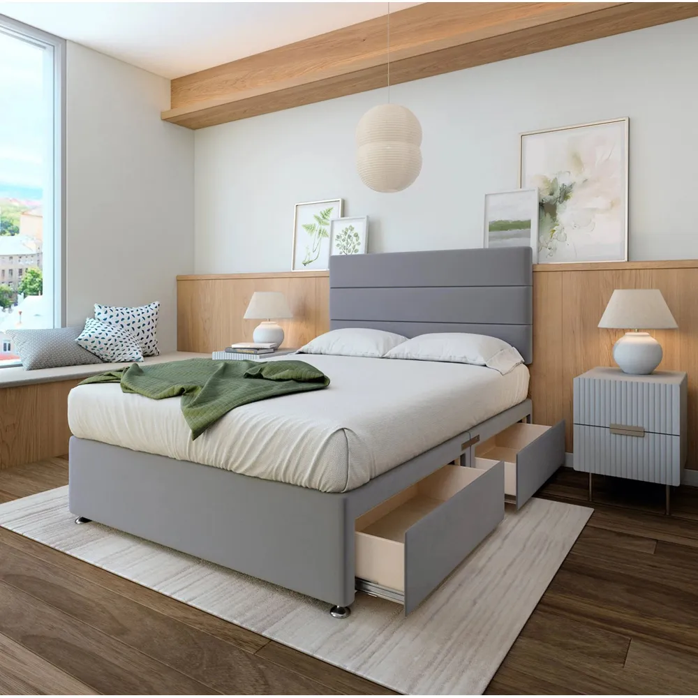 Milan Super King Size Divan Base with Headboard - Silver, Velvet