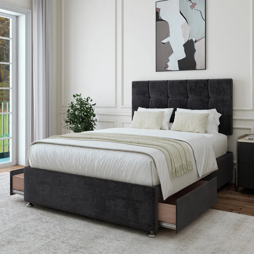 Naples King Size Divan Base with Pearl Headboard - Black, Velvet