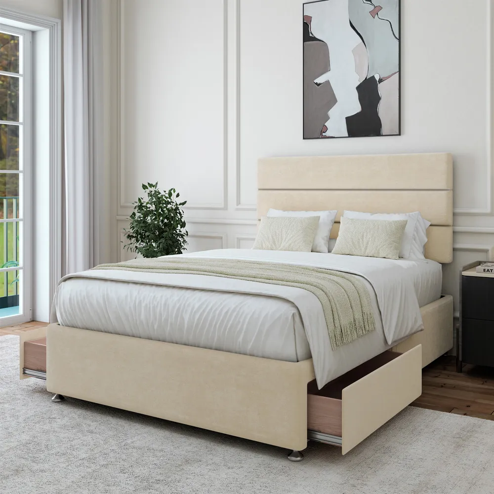 Naples King Size Divan Base with Storage - Cream, Velvet