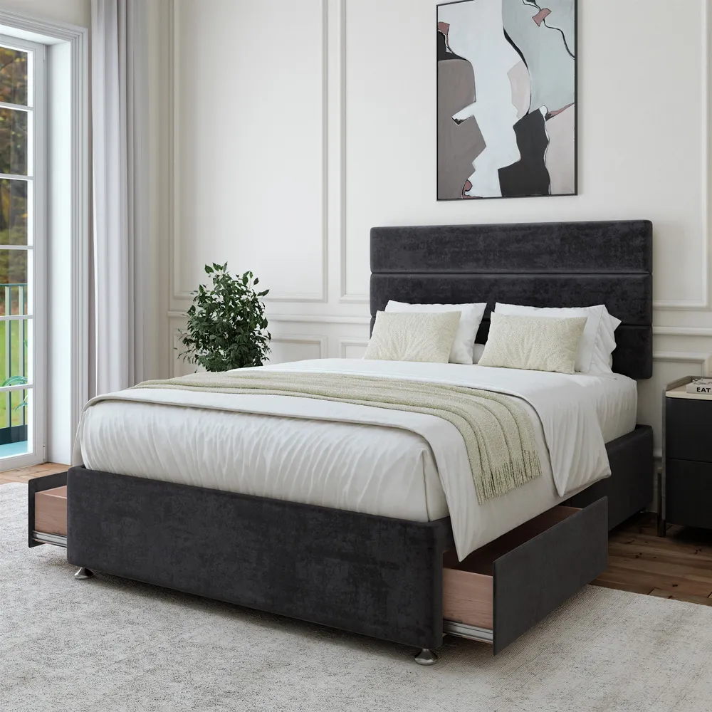Naples Super King Size Divan Base with Milan Headboard - Black, Velvet