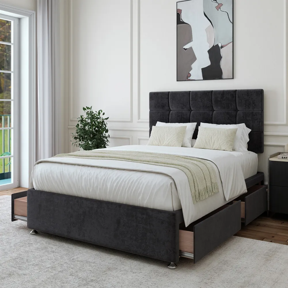 Naples Super King Size Divan Base with Pearl Headboard - Black, Velvet