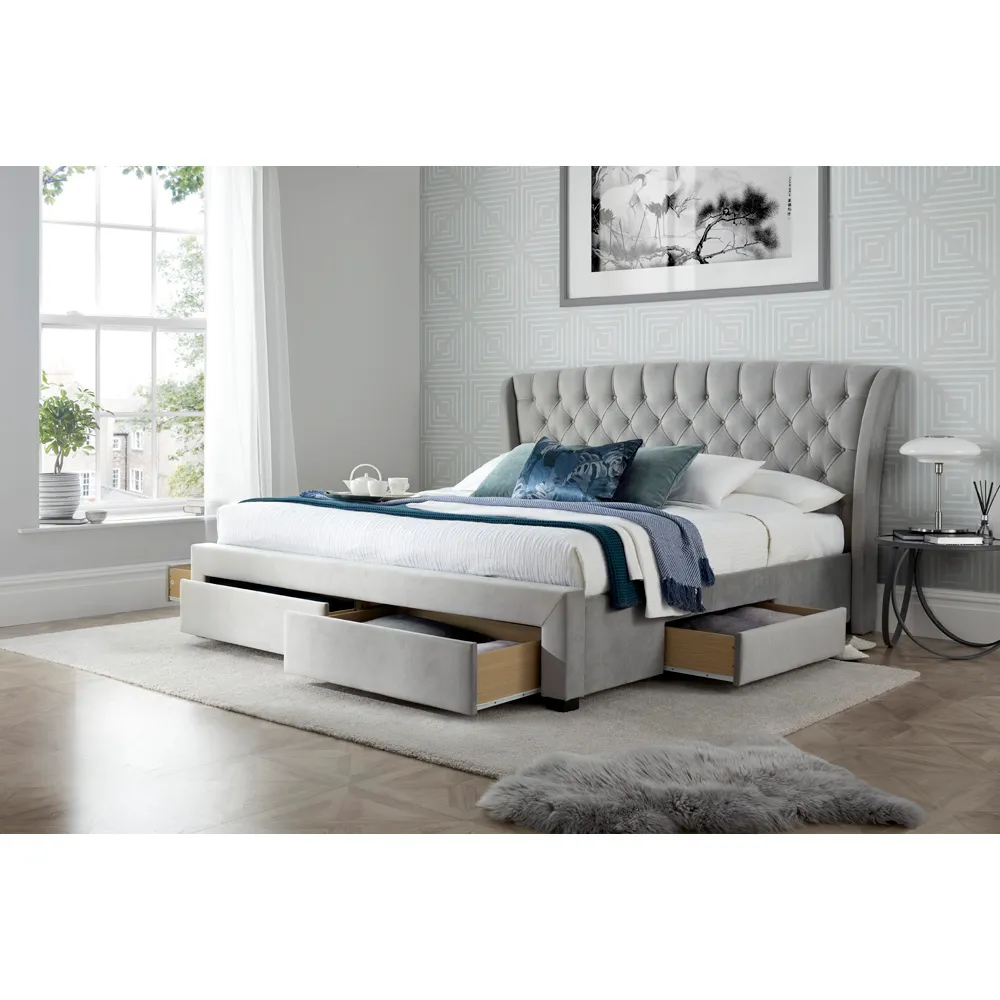 Newton Double Bed Frame with Storage - Grey, Velvet