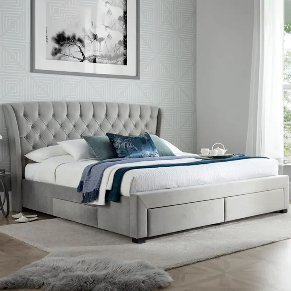 Newton Double Bed Frame with Storage - Grey, Velvet