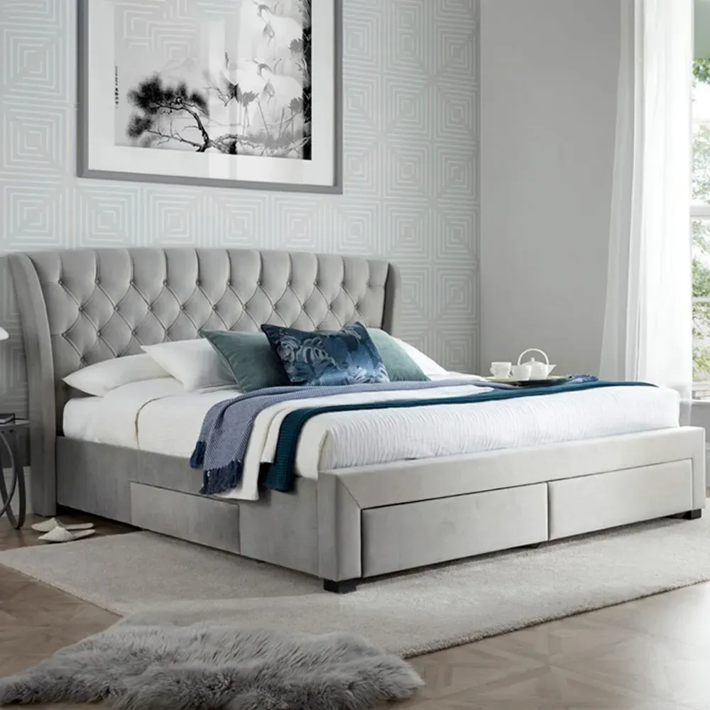 Newton King Size Bed Frame with Storage - Grey, Velvet