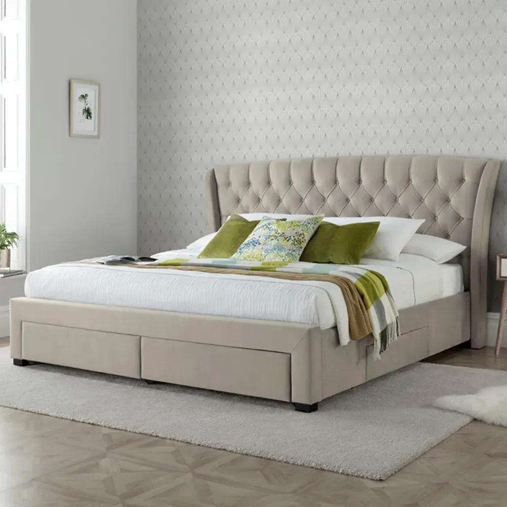 Newton King Size Bed Frame with Storage - Warm Stone, Velvet