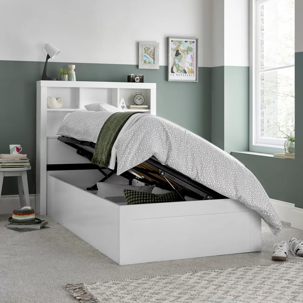 Oscar Single Bookcase Ottoman Storage Bed - White