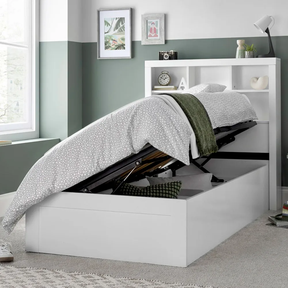 Oscar Single Bookcase Ottoman Storage Bed - White