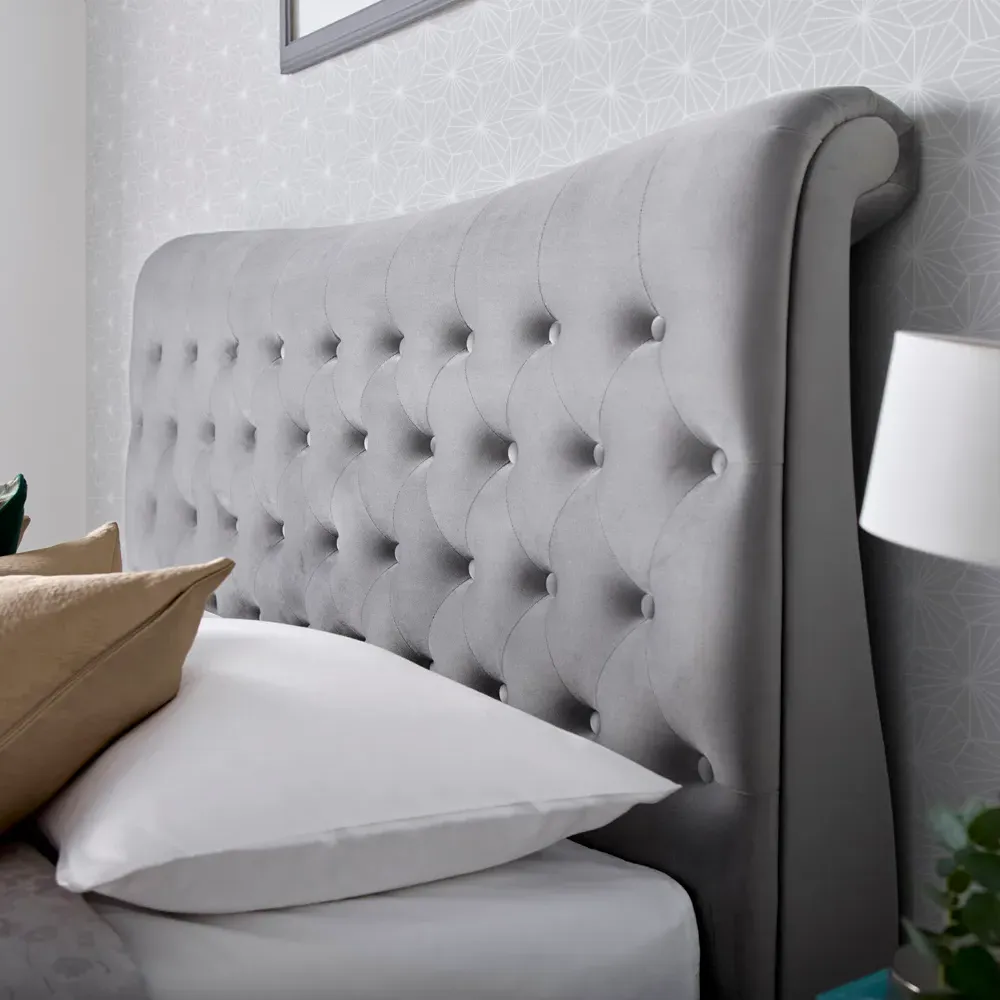 Oxford Double Sleigh Bed Frame - Grey, Velvet