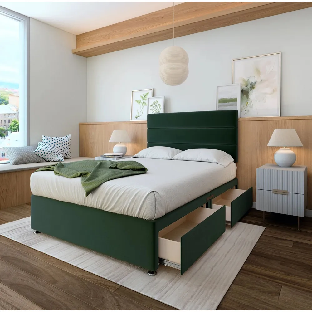 Single Divan Base with Milan Headboard - Green, Velvet