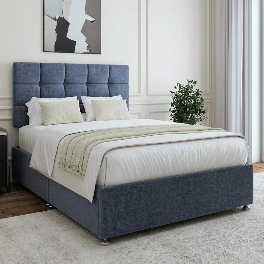 Single Divan Base with Pearl Headboard - Blue, Linen