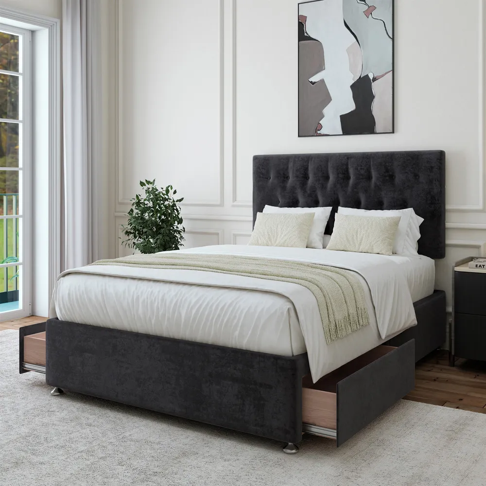 Single Divan Base with Storage and Headboard - Black, Linen