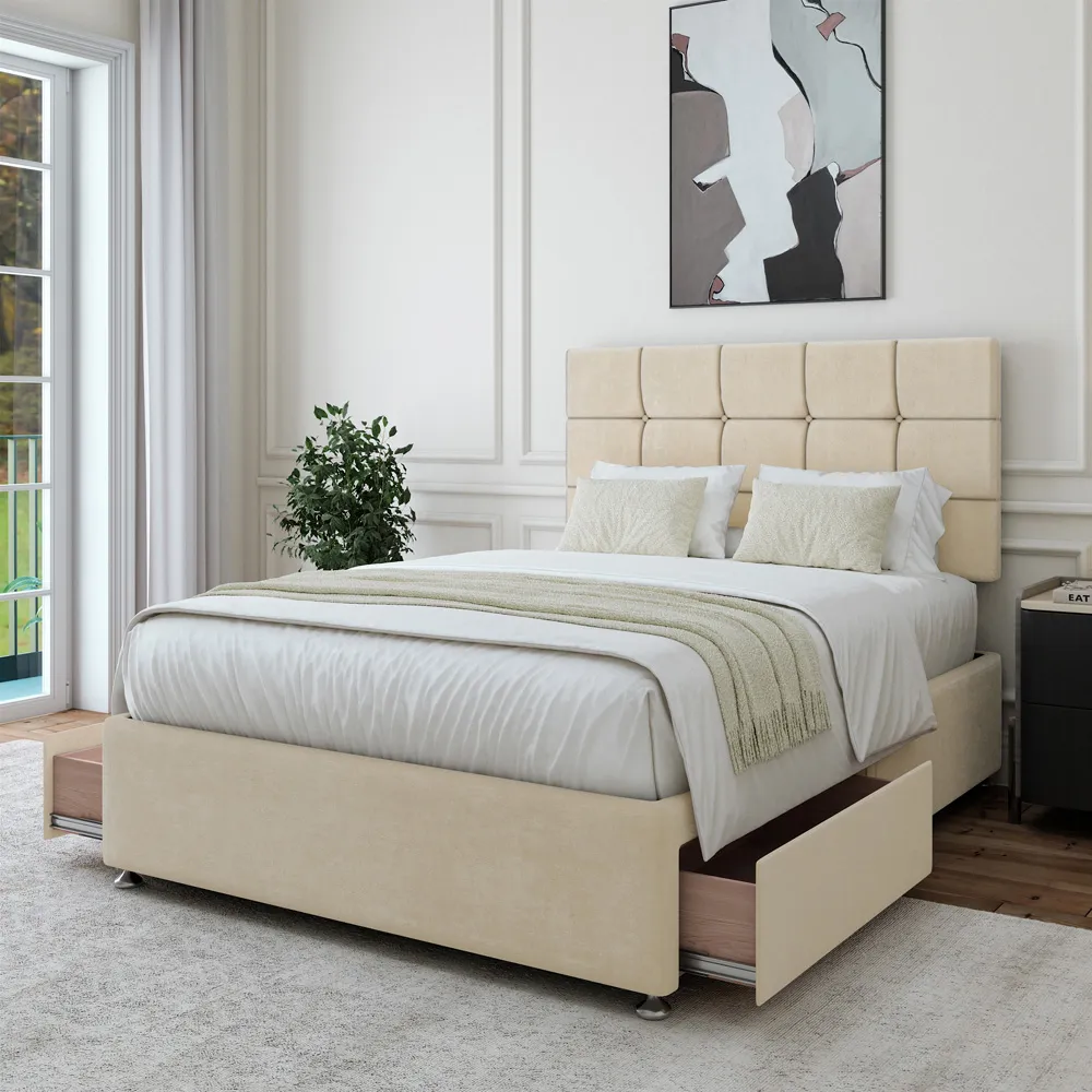 Single Divan Base with Storage - Cream, Velvet