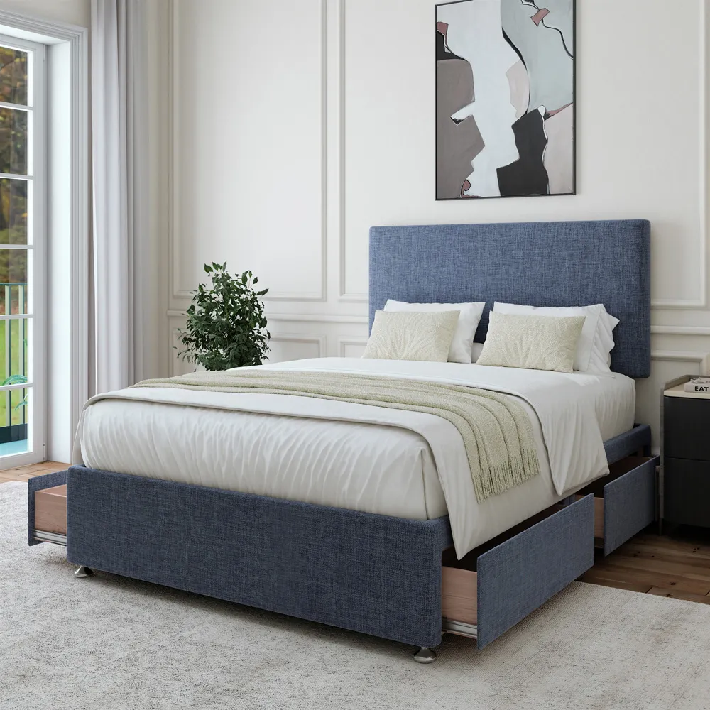 Small Double Divan Base with 4 Drawers - Blue, Linen