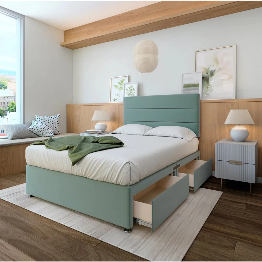 Small Double Divan Base with 4 Drawers - Duck Egg, Velvet