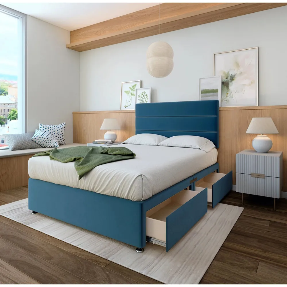 Small Double Divan Base with Milan Headboard - Blue, Velvet