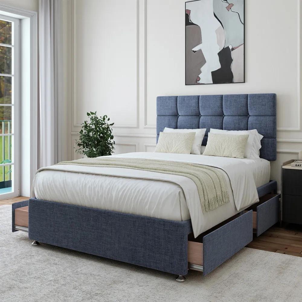 Small Double Divan Base with Pearl Headboard - Blue, Linen