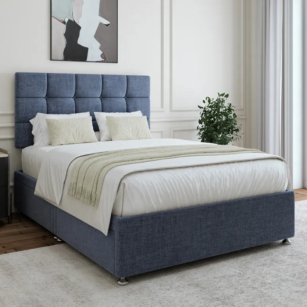 Small Double Divan Base with Pearl Headboard - Blue, Linen