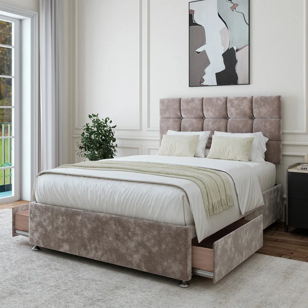 Super King Divan Base with Pearl Headboard 2 Drawer - Silver, Chenille