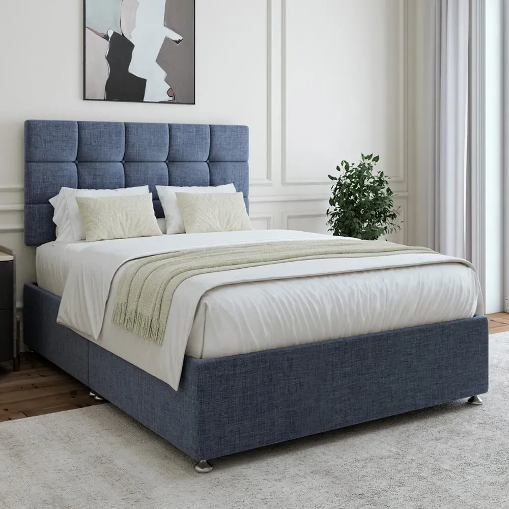 Super King Divan Base with Pearl Headboard - Blue, Linen