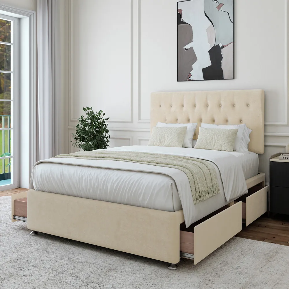 Super King Divan Base with Storage and Headboard - Cream, Linen