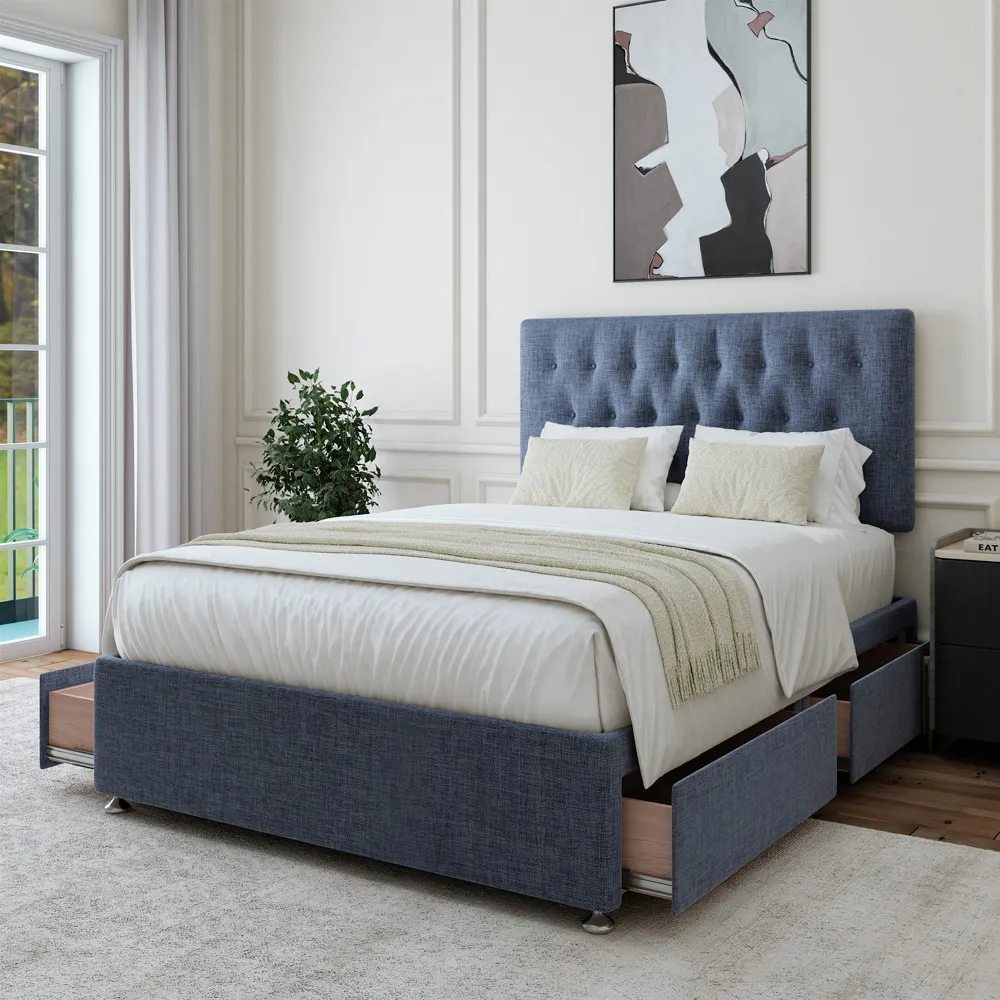 Super King Divan Base with Storage and Lona Headboard - Blue, Linen
