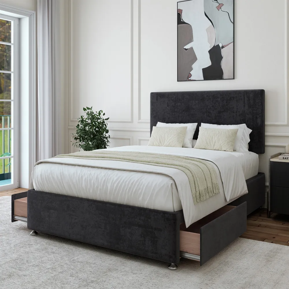 Super King Naples Divan Base with Valencia Headboard - Black, Linen