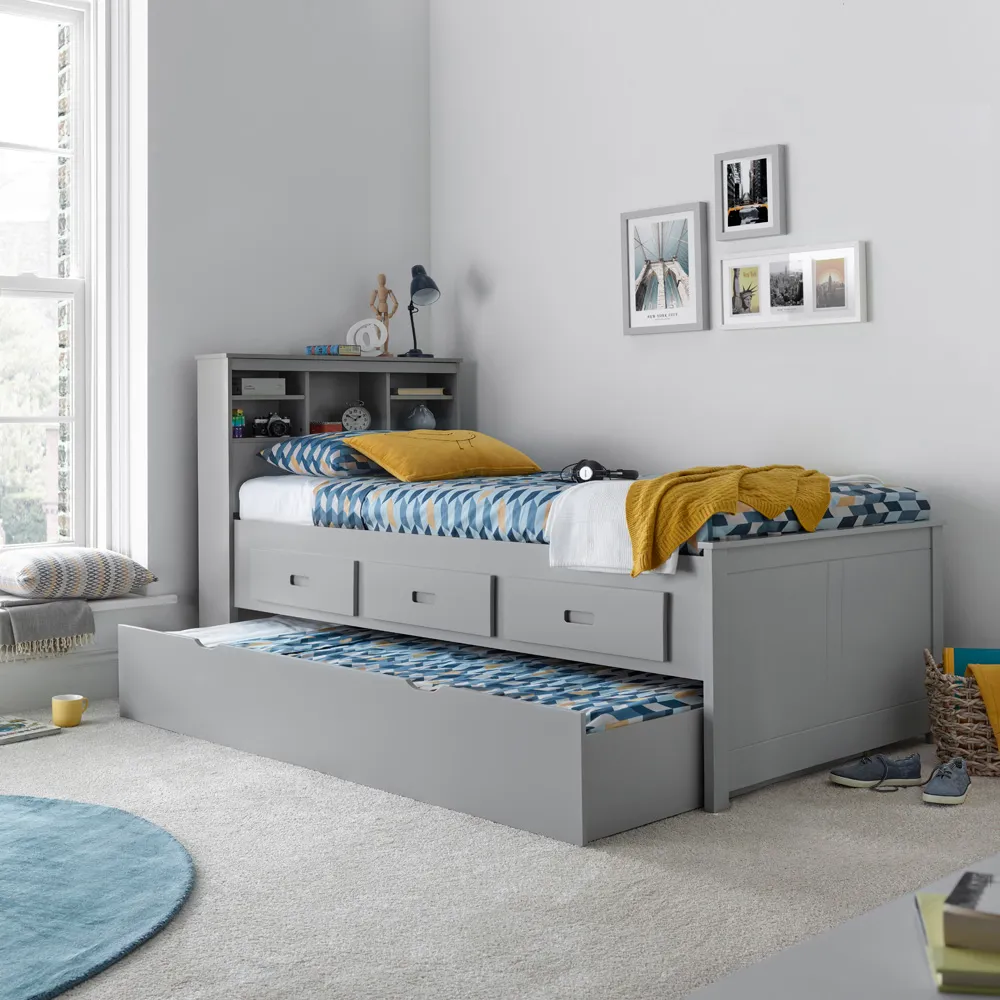 Veera Single Guest Bed with Trundle and Storage - Grey